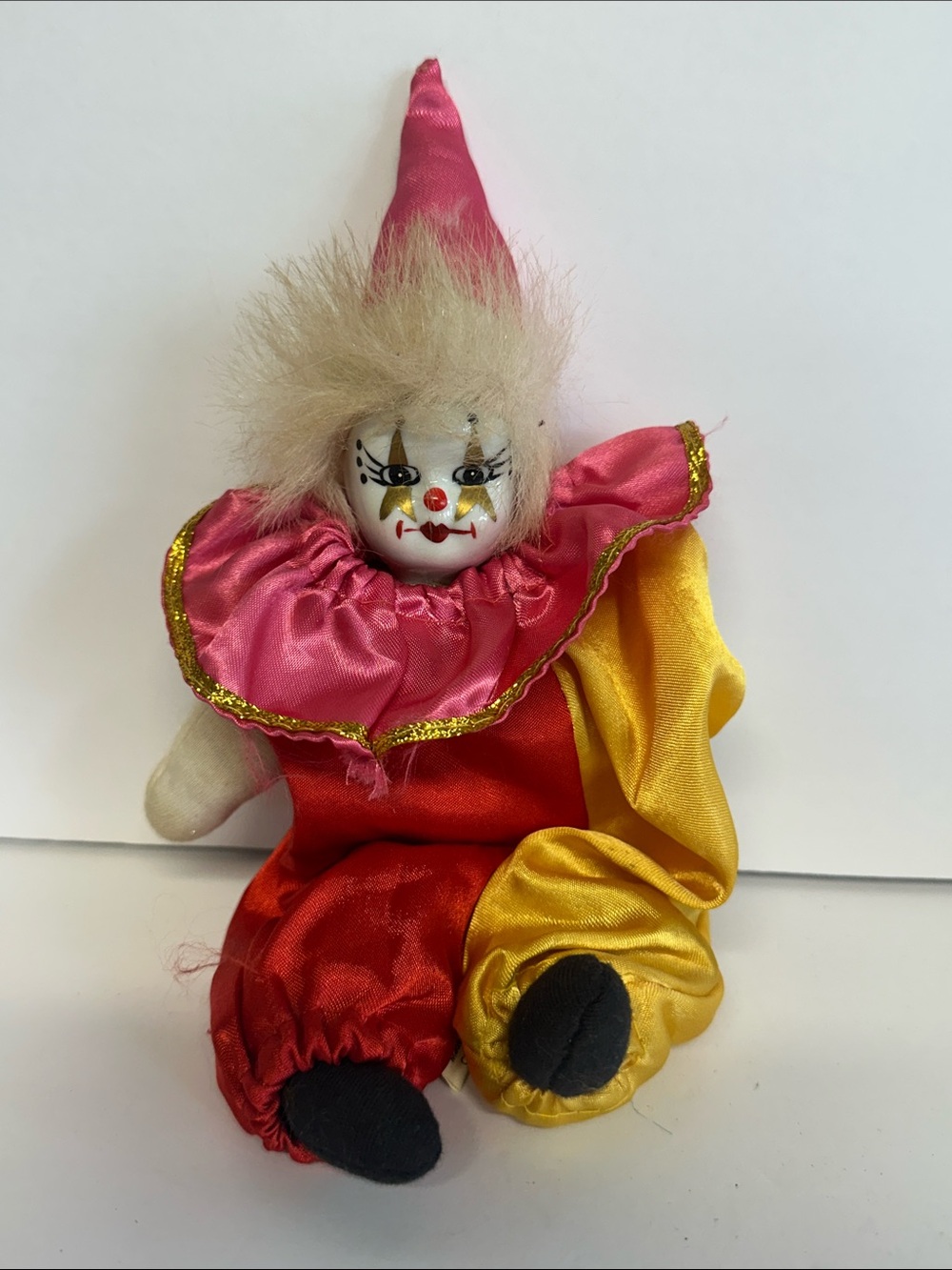 Vintage Style Pink & Red Clown Doll with Yellow Accent